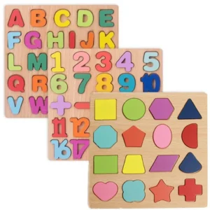 Learn With Fun Kids Wooden Learning Puzzle Alphabet Numbers Shapes Board Toy (Multicolor)