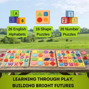 Learn With Fun Kids Wooden Learning Puzzle Alphabet Numbers Shapes Board Toy (Multicolor)